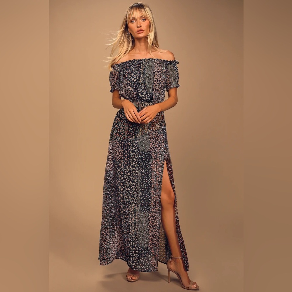 Lulu’s Neva Navy Blue Floral Print Off-the-Shoulder Maxi Dress Medium